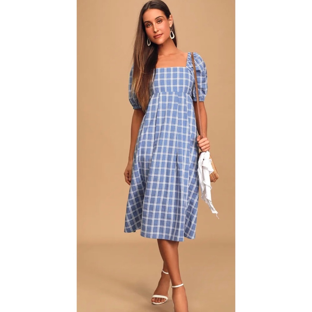 Lulu’s Blue Plaid Puff Sleeve Midi Dress